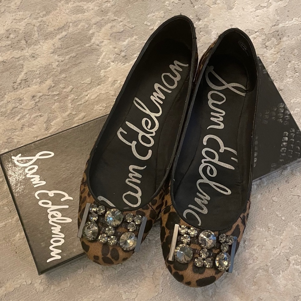 Sam Edelman BARELY WORN Caper leopard calf hair jeweled flats/7.5